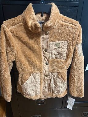 Guess Kids Tan Sherpa Jacket with Quilted Cream Panels